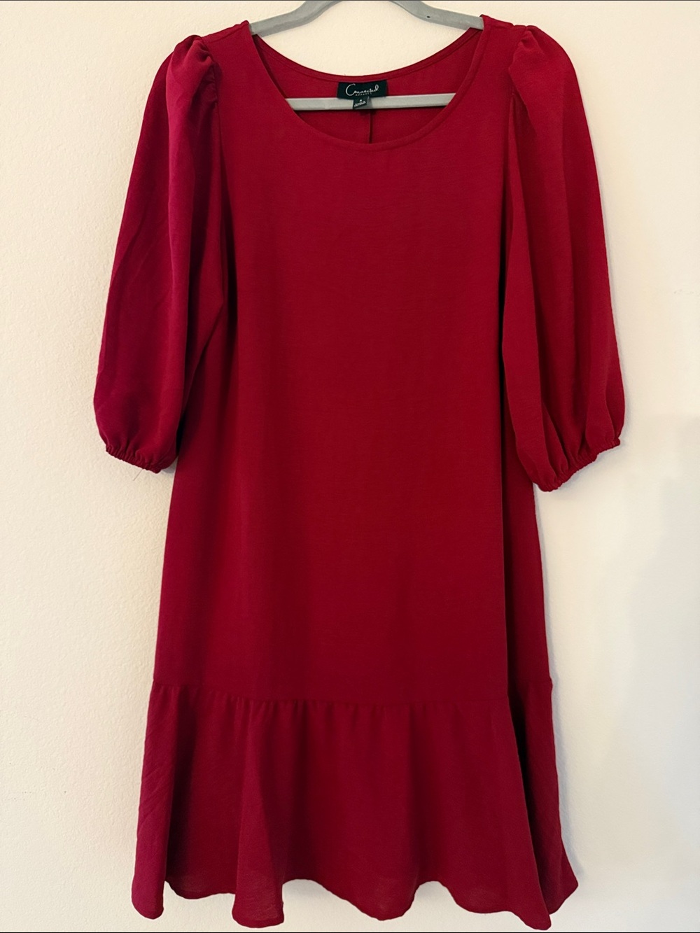 Connected Apparel Deep Red Puff-Sleeve Casual Dress